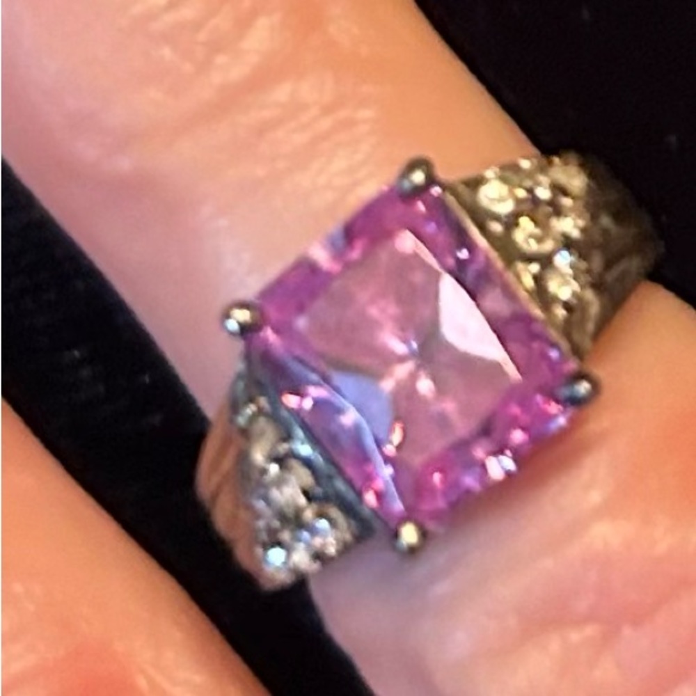Lilac CZ Gemstone Sterling Silver Ring with a Triangle of Clear CZ’s on each si